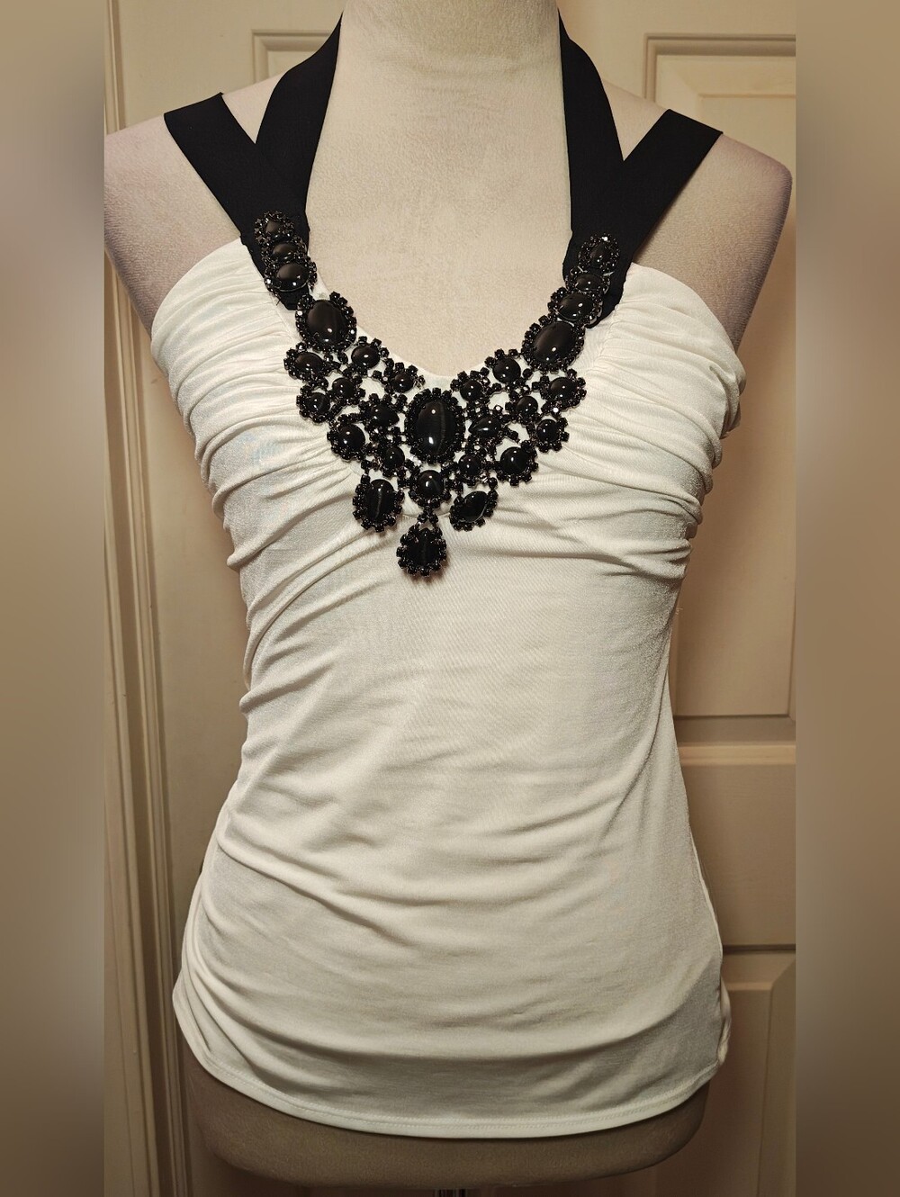 Y2K CACHE White Halter Top w Heavily Jeweled Bib Neckline & Ruching.